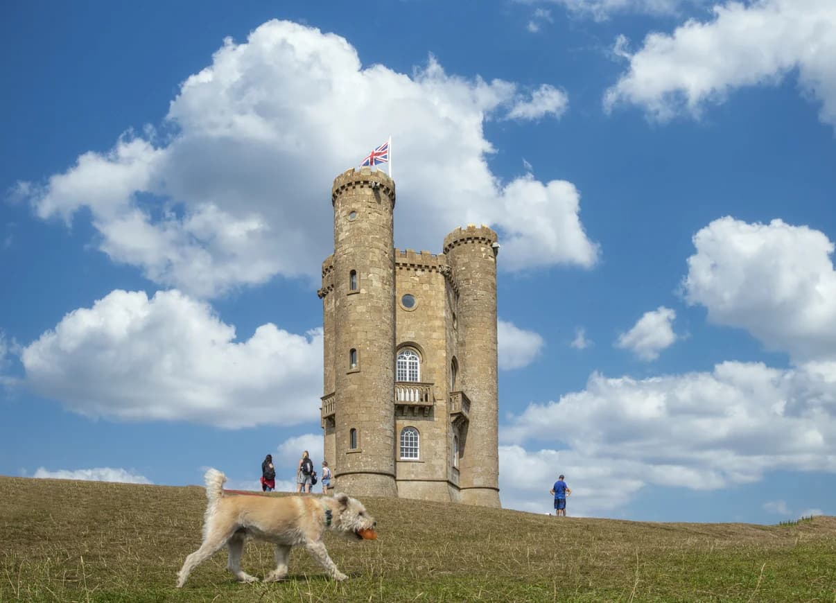 Broadway Tower with a dog in the Cotswolds
