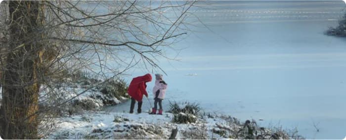 The frozen lake and winter grounds at Upper Court