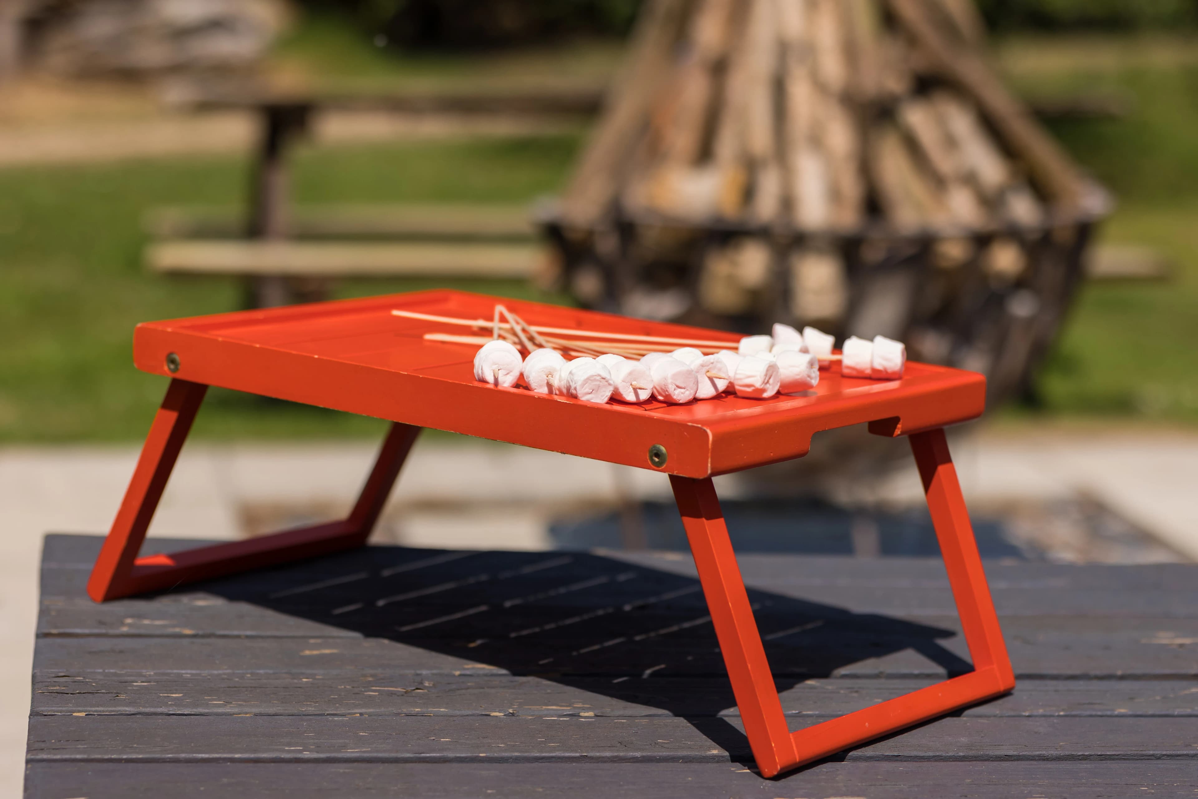 Fire pit table prepared for marshmallows at Upper Court