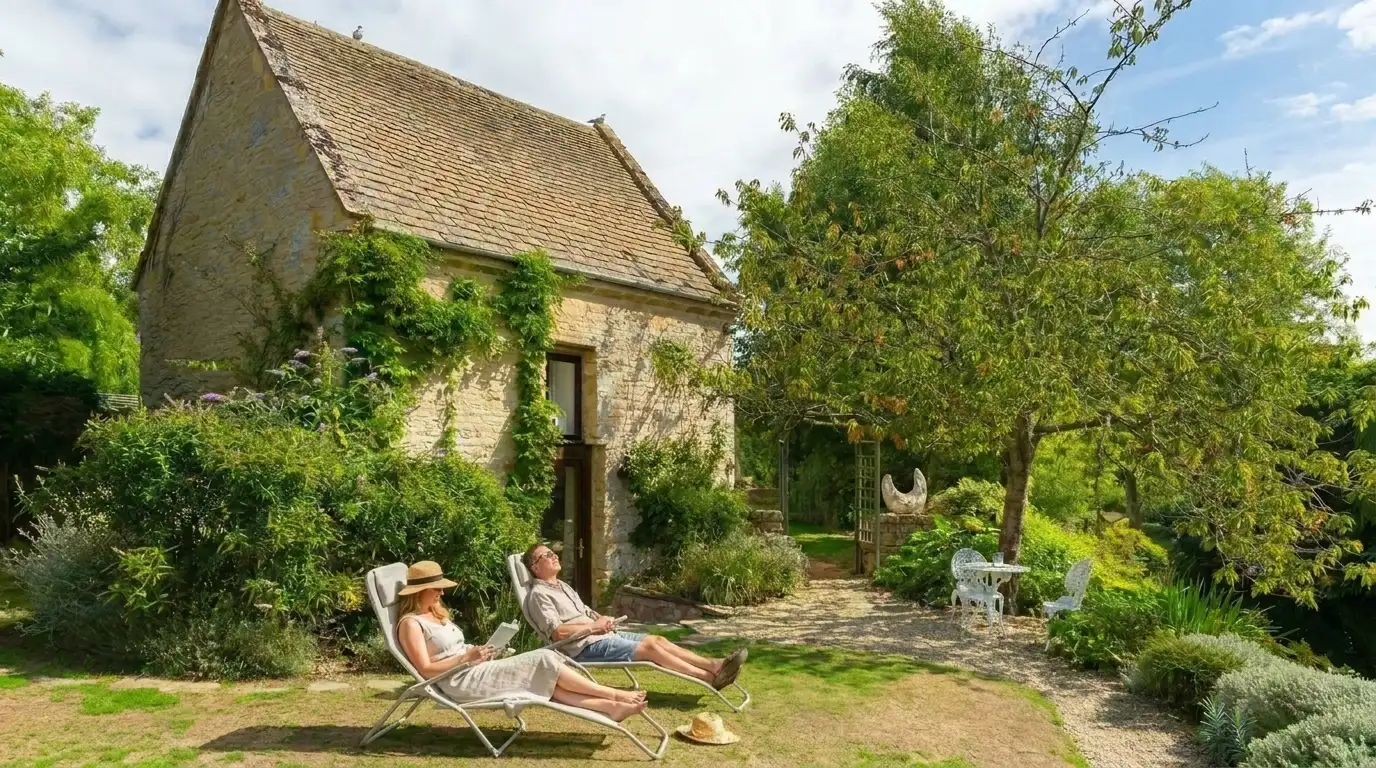 Guests relaxing outside a stone holiday cottage at Upper Court